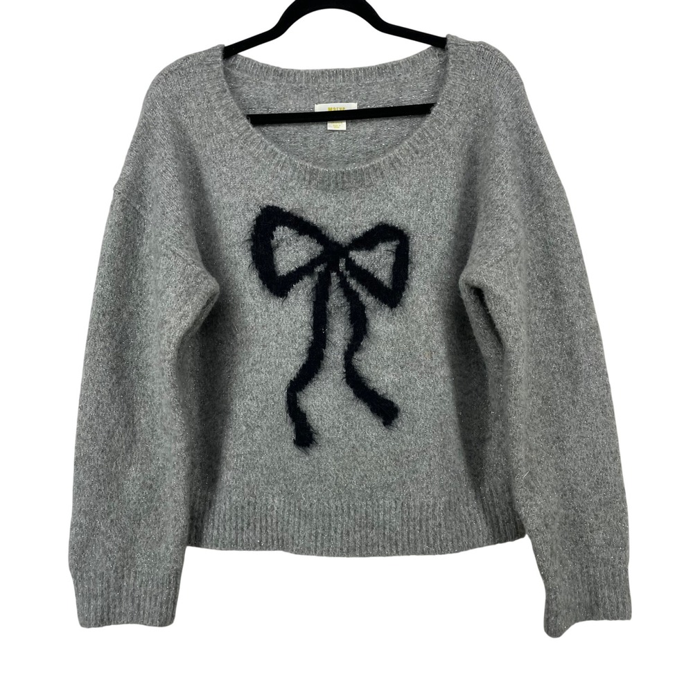 Maeve Anthropologie Size Medium Sweater Gray Black Bow Metallic Scoop Neck Women
